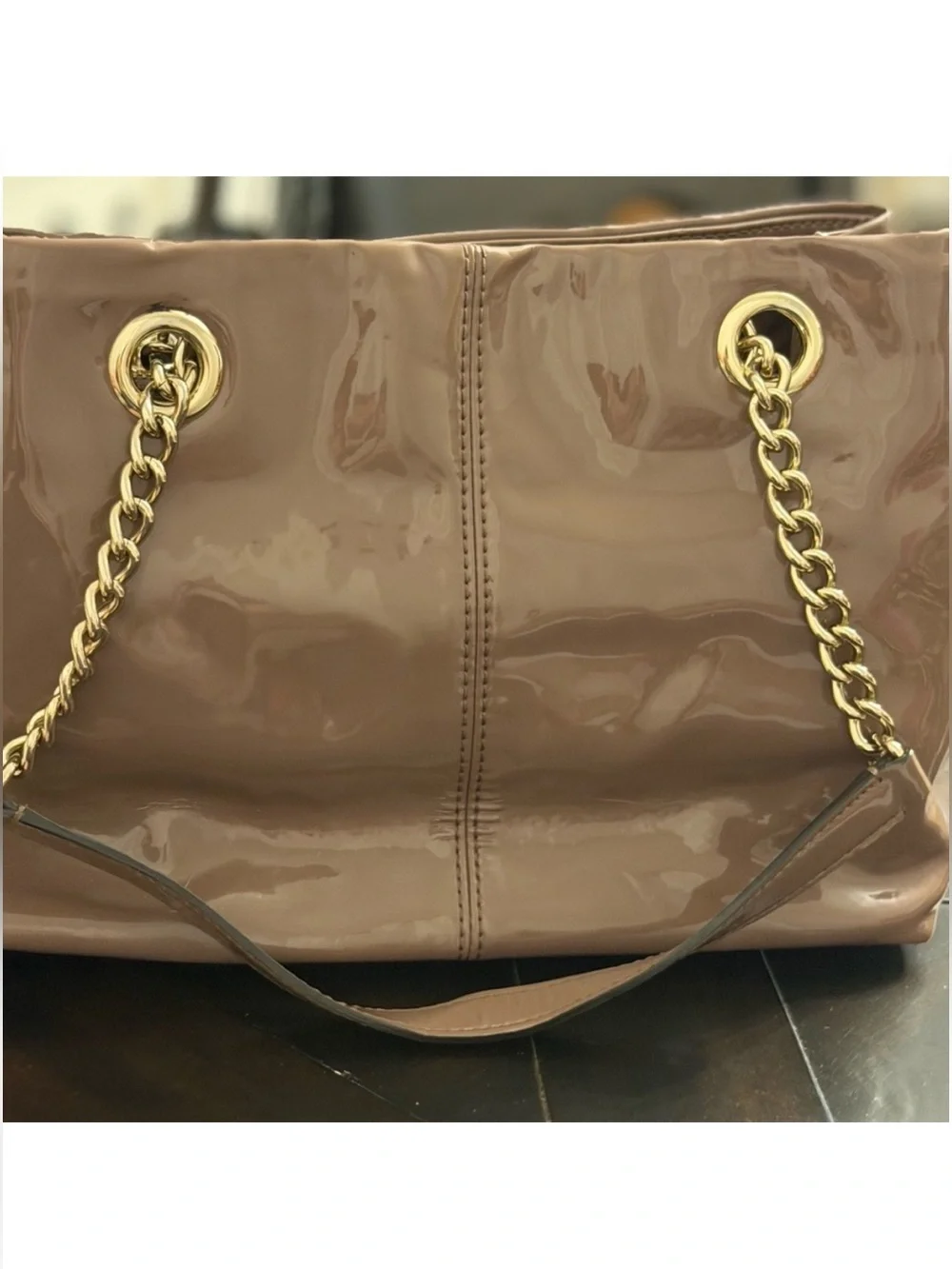 Kate Spade Patent Leather Shoulder Bag w/ Leather & Chain Handles in Taupe - GUC - Picture 2 of 3